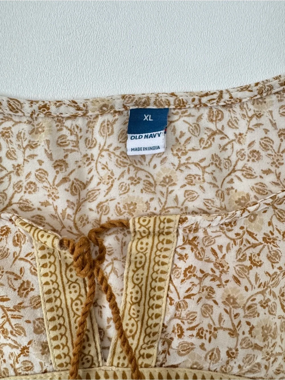 Boho Floral Peasant Blouse XL Mustard Brown Puff Sleeve Paisley fall Old Navy